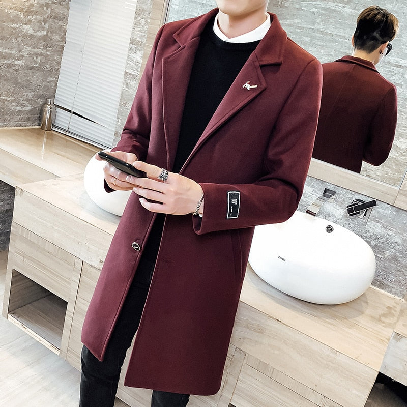 Autumn Winter Long Solid Color Windbreaker Coat 2021 New Men Woolen Coat s Plus Size 5XL Men&