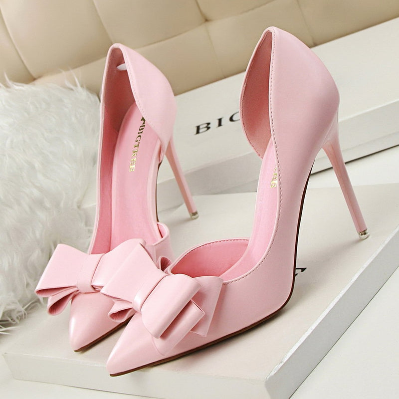 Zapatos de tacón alto sexis para mujer de alta calidad, zapatos de boda con punta en pico, zapatos con lazo de aguja para mujer, moda 2018, zapatos de tacón rosa para mujer