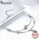 BAMOER Romantic New 925 Sterling Silver Sweet Heart Pink CZ Double Layers Bracelets for Women Sterling Silver Jewelry SCB090