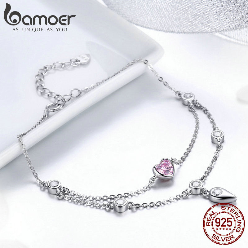 BAMOER romántico nuevo 925 plata esterlina dulce corazón rosa CZ pulseras de doble capa para mujeres joyería de plata esterlina SCB090