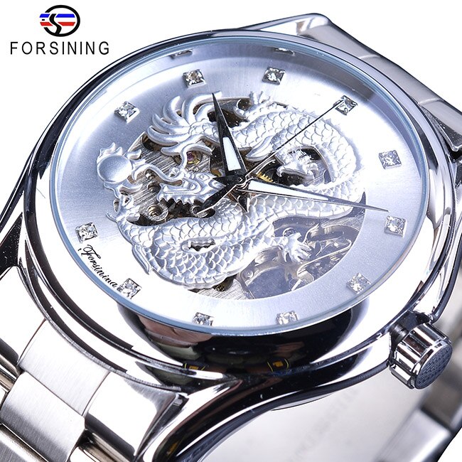 Forsining Classic Dragon Design Silver Acero inoxidable Diamond Display Hombres Relojes de pulsera automáticos Top Brand Luxury Montre Homme