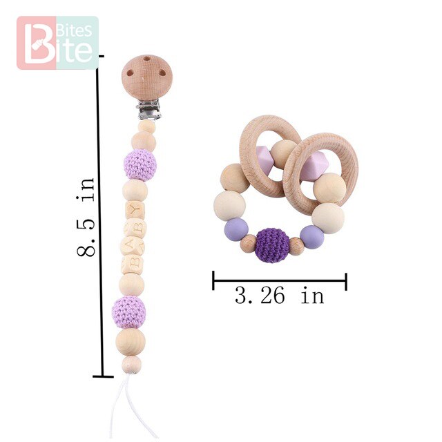 Bite Bites 1set Baby Wooden Teether Pacifier Clip Chain Beech Rodent Ring Baby Nursing Rattle Food Grade Perle Silicone Bead Toy