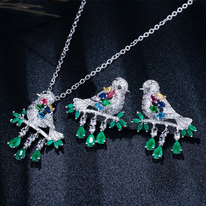 CWWZircons High Quality Water Drop Green CZ Crystal Necklace and Earrings Fashion Animal Bird Jewelry Set for Women Gift T217