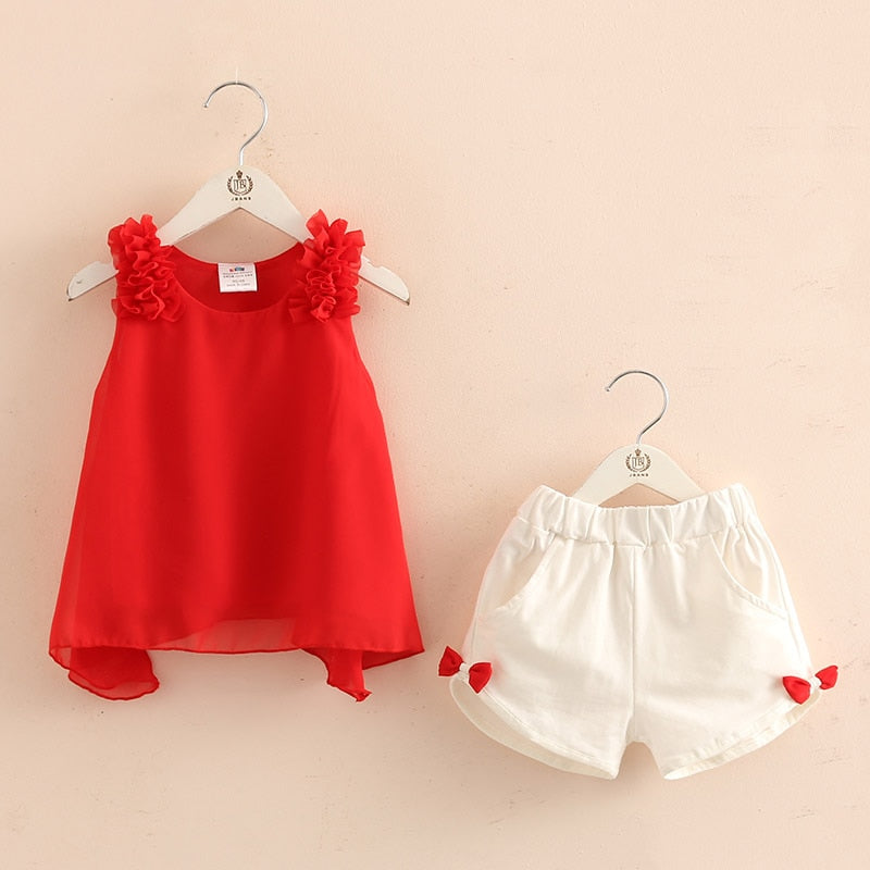 2023 Casual Cute 2 3-4 6 8 10 Years Solid Color Bow Flower Sleeveless T-shirt+Shorts 2 Pcs Baby Kids Girls Summer Clothing Set