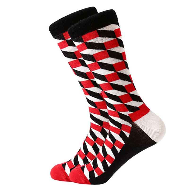 MYORED mens colorful casual dress socks combed cotton striped plaid geometric lattice pattern fashion design high quality