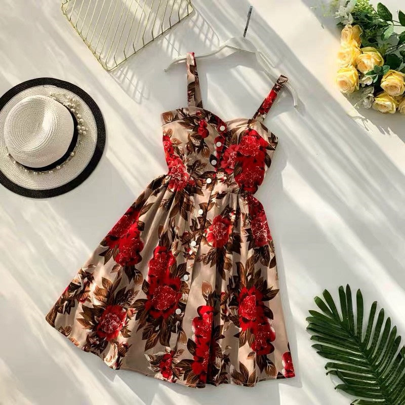 Marwin New-Coming Summer Women Spaghetti Strap Print Floral Sleeveless Empire Beach Dresses High Street Style