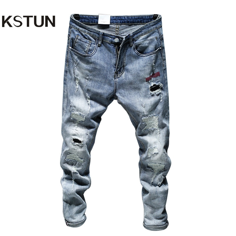 Ripped Jeans For Men Skinny Slim Fit Light Blue Spring 2021 New Frayed Streetwear Hip Hop Denim Pants Patchwork Men&