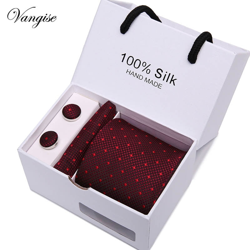 New Design Tie Set With Gift Box Jacquard Woven gravata Silk Tie Hanky Cufflinks Necktie Sets For Wedding Party Men