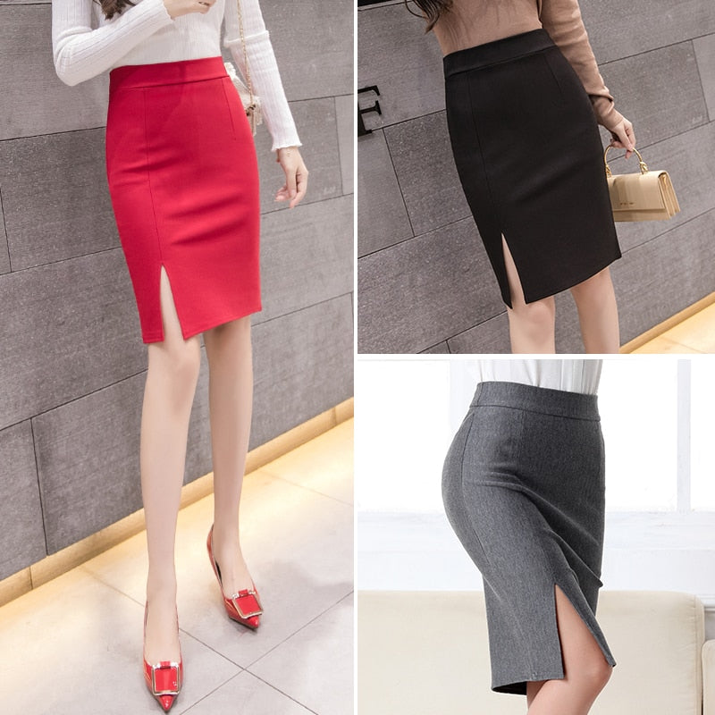 2023 New Fashion Women Office Formal Pencil Skirt Spring Summer Elegant Slim Front Slit Midi Skirt Black/Gray/Red OL Skirts