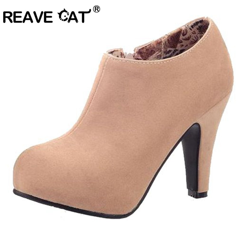 REAVE CAT Big size 32-45 Faux suede Women ankle boots Autumn Spring shoes 10cm heel Zipper Black Apricot Blue Designer QL4259