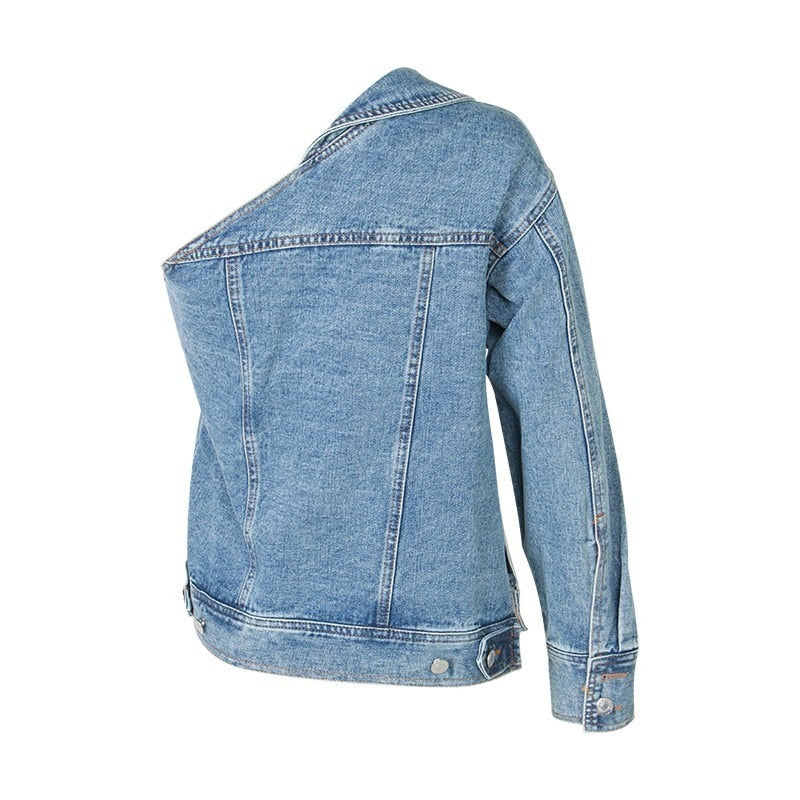 TWOTWINSTYLE Lässige One-Shoulder-Jeansjacke für Frauen Revers Langarm Button Side Split Coat Female Fashion Sommer 2020