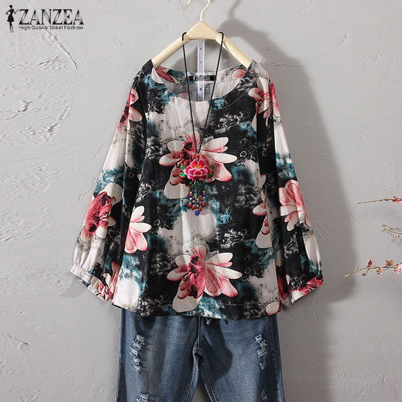 ZANZEA 2022 Autumn Women Casual Long Sleeve Vintage Floral Printed Blouse Loose Retro Shirt Cotton Linen Top Party Work Blusas