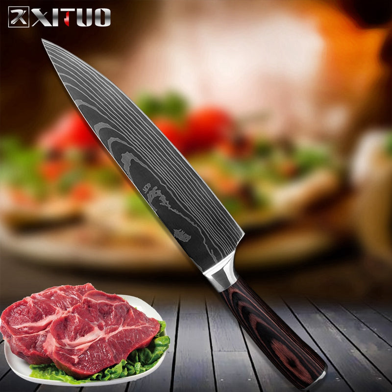 XITUO, cuchillo de Chef de cocina, patrón de Damasco láser, acero inoxidable de alto carbono, antiadherente, Santoku congelado, cuchillo de carnicero para pan kni