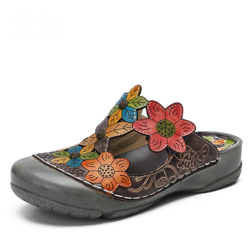 GKTINOO Blumenhausschuhe Echtes Leder Schuhe Handgemachte Rutschen Flip Flop Auf Der Plattform Clogs Für Frauen Frau Hausschuhe Plus Größe
