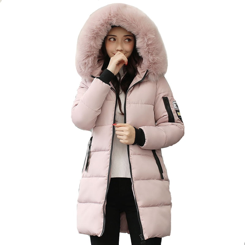 2021 nueva chaqueta de invierno larga holgada con capucha para mujer con cuello de piel parka gruesa cálida acolchada de algodón abrigo de moda para mujer parkas