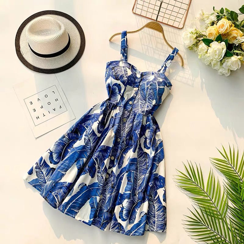 Marwin New-Coming Summer Women Spaghetti Strap Print Floral Sleeveless Empire Beach Dresses High Street Style