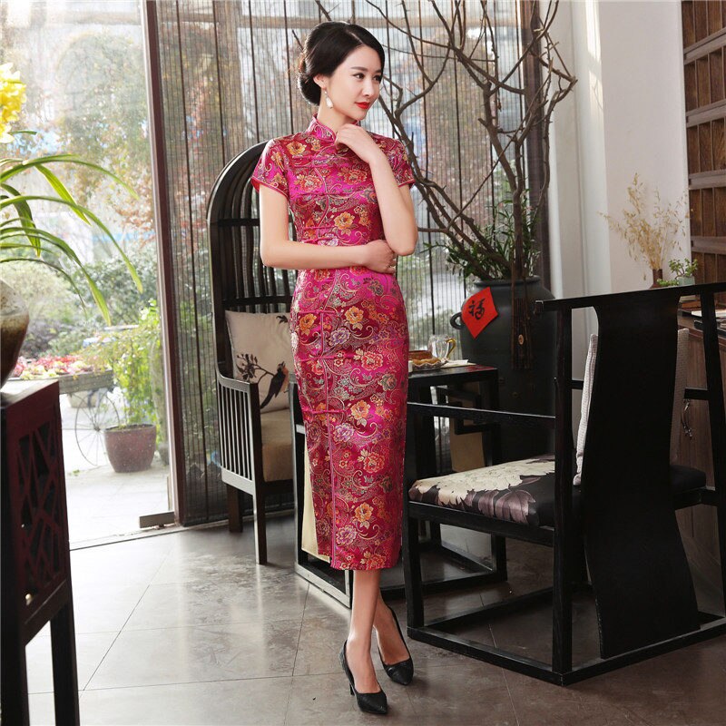 Vintage Chinese style Cheongsam Red Spring Womens Satin Long Qipao New Arrival Party Dress Mujer Vestidos Size S M L XL XXL XXXL