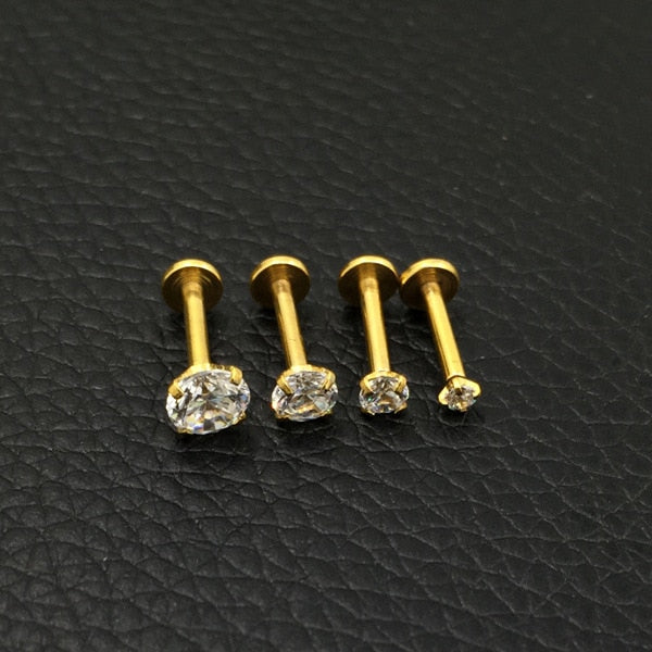 Gold Color Steel Rose Labret Lip Ring Zircon Anodized Titnium Internally Threaded CZ Gem Monroe 16G Tragus Helix Ear Piercing