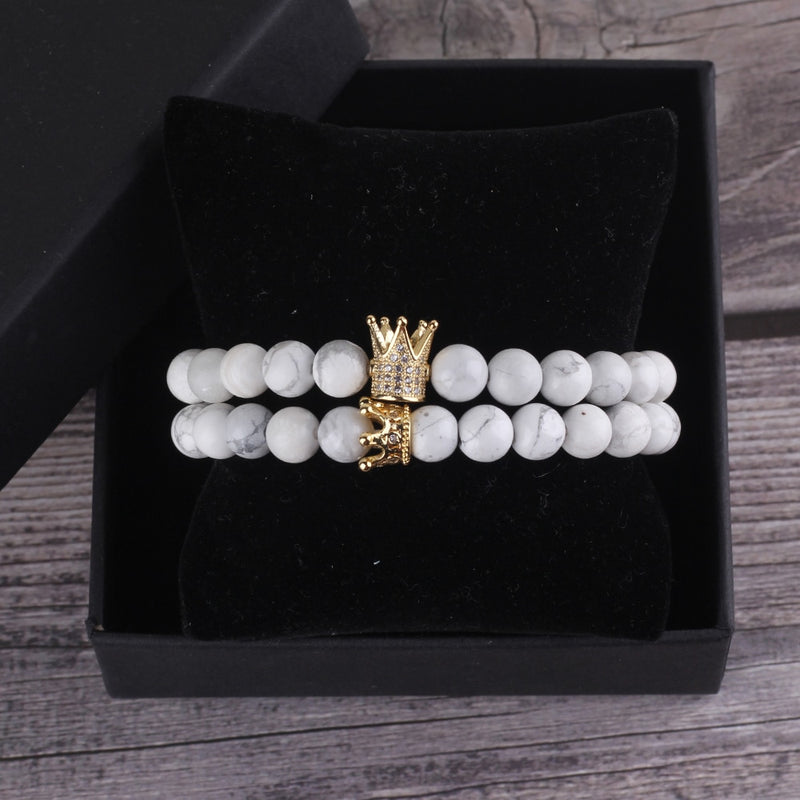 Luxury natural stone beads Couple Lovers bracelet Set CZ King Queen Crown Charm women yoga Bracelets Bangles for men jewelry