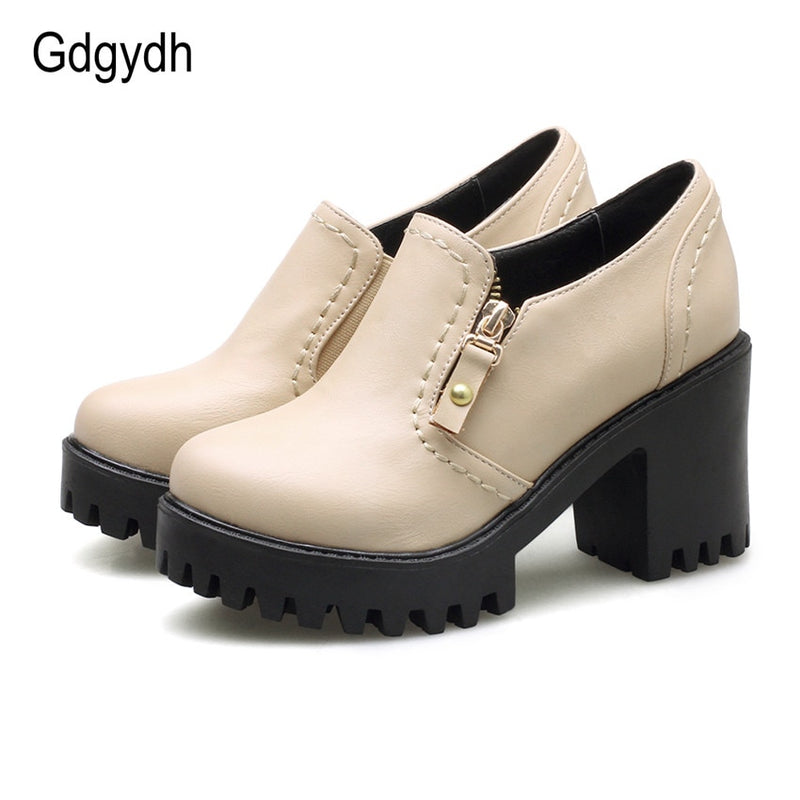 Gdgydh Frühling Herbst Frauen Schuhe Plattform Runde Zehe Britischen Stil Weibliche Einzelne Schuhe Quadratische Absätze 8 cm Frauen Pumps Plus Größe 43