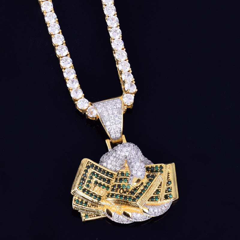 Hand Money Dollar Necklace &amp; Pendant  Gold Color AAA Cubic Zircon Hip Hop Rock Jewelry