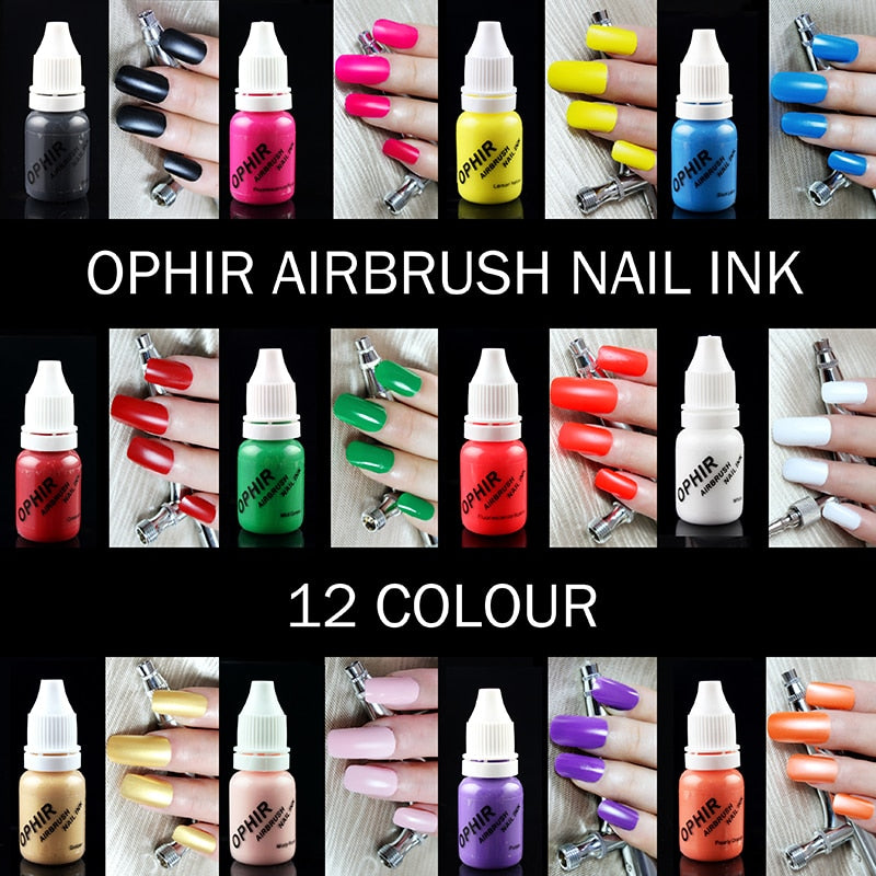 OPHIR 12 colores tintas de agua acrílicas/tintas de uñas de aerógrafo para pintura de uñas esmalte de uñas de aerógrafo 30 ML/pigmento de botella_TA100(1-12)