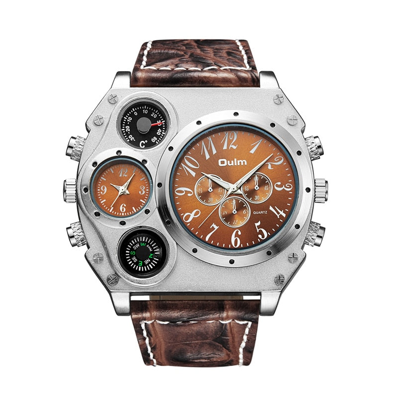 Relojes deportivos Oulm, reloj de cuarzo de estilo súper grande, reloj de pulsera de PU para hombre con doble zona horaria, termómetro decorativo, brújula