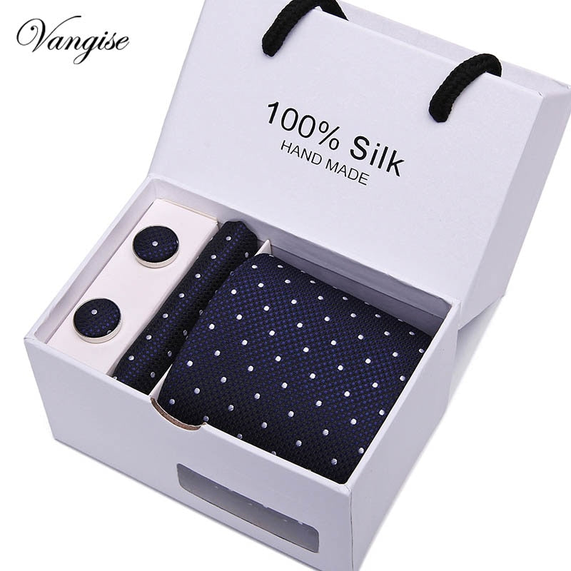 New Design Tie Set With Gift Box Jacquard Woven gravata Silk Tie Hanky Cufflinks Necktie Sets For Wedding Party Men