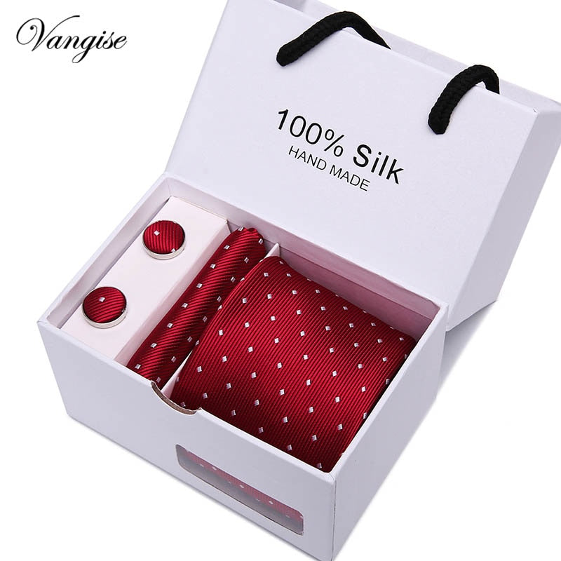 New Design Tie Set With Gift Box Jacquard Woven gravata Silk Tie Hanky Cufflinks Necktie Sets For Wedding Party Men