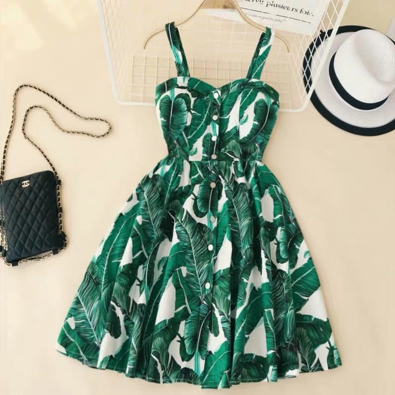 Marwin New-Coming Summer Women Spaghetti Strap Print Floral Sleeveless Empire Beach Dresses High Street Style