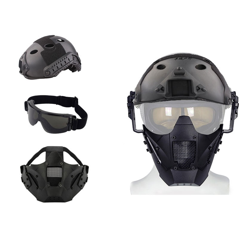 Multi Function Iron Mesh Tactical Mask with Fast Helmet and Tactical Goggles Airsoft Hunting Motorcycle Sport Play