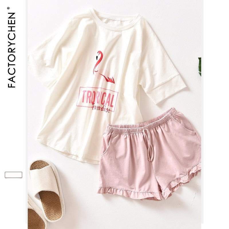 Flamencos de manga corta + Pantalones cortos traje de casa Spot 100% pijama de algodón conjuntos de verano recomendado para mujer pijama ropa de casa