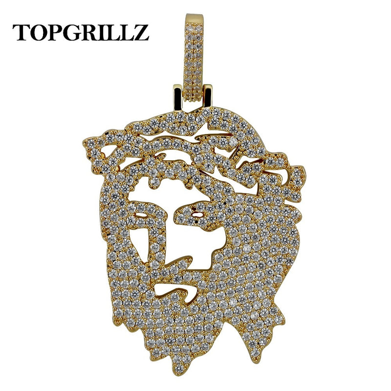 TOPGRILLZ Solid Back Iced Out JESUS Christ Head Face Pendants Necklaces Hip Hop Gold Silver Color Chain for Men Women Jewelry