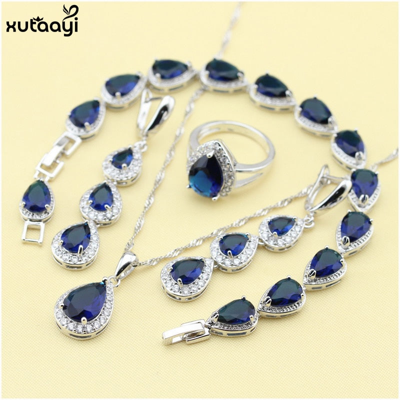 XUTAAYI Top Quality  Silver Jewelry Sets Blue Created Sapphired Flawless Necklace/Rings/Earrings/Bracelet For women