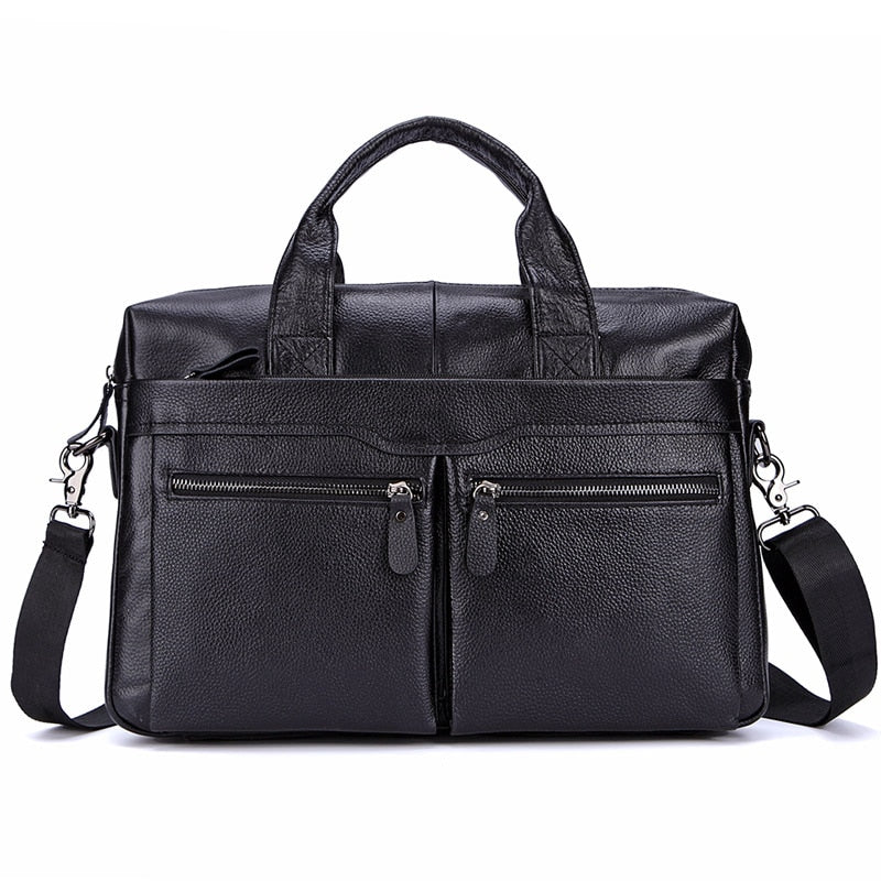 Bolsos negros de cuero genuino para hombres, bolsos grandes de cuero de 14 "para computadora portátil, bolsos de viaje para hombres de negocios, bolsos de hombro, maletín