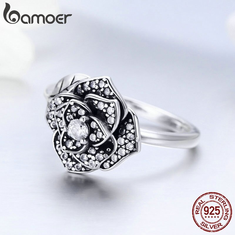 BAMOER 100% Plata de Ley 925 Rosa flor deslumbrante CZ hoja de árbol anillos de dedo para mujer boda compromiso joyería regalo SCR382