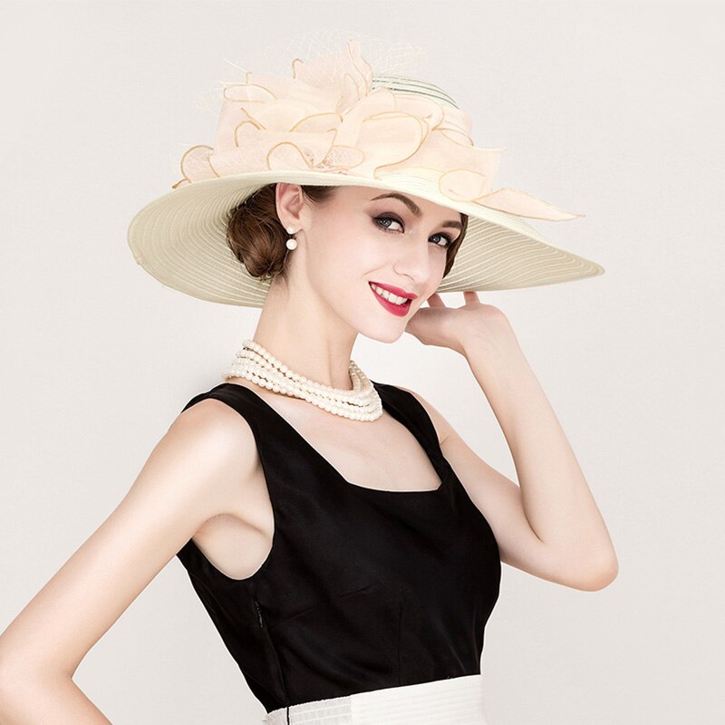 FS Schwarz Weiß Elegant Damen Kirchenhüte Für Damen Blumen Große Krempe Organza Hut Strand Sonne Kentucky Derby Hut Fedora