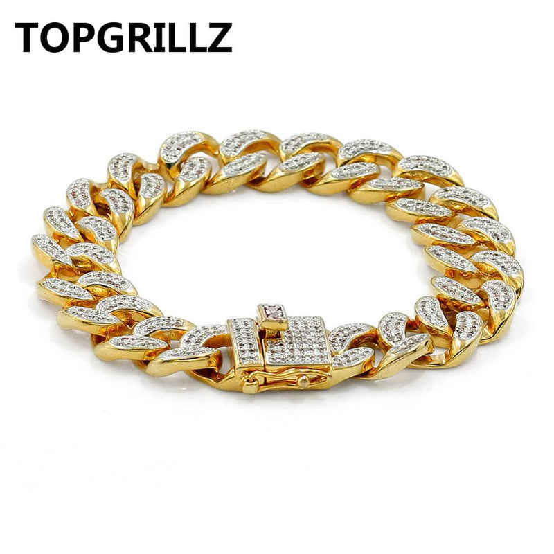 TOPGRILLZ Hip Hop Rock Jewelry Gold Color Plated Cuban Chain Micro Pave CZ Stones Bracelet 8 Inch Length Beacelets For Men