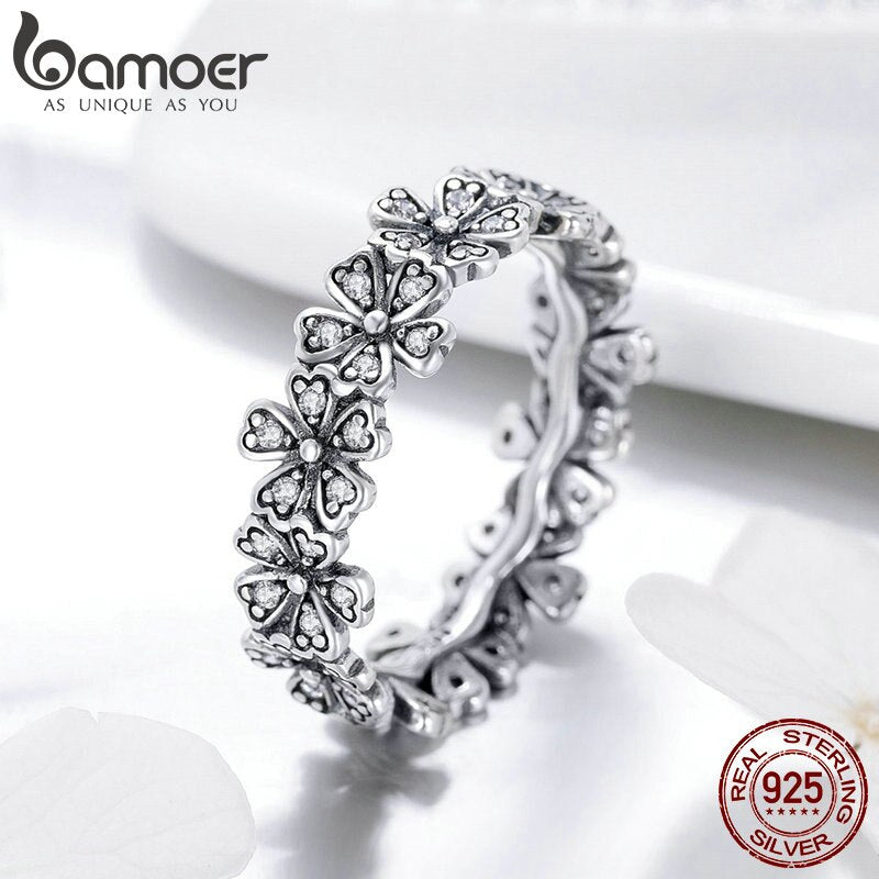 BAMOER 925 Sterling Silver Stacked Daisy Flower Finger Ring Floral Ring for Women Gift Romantic Retro Style Fine Jewelry SCR397