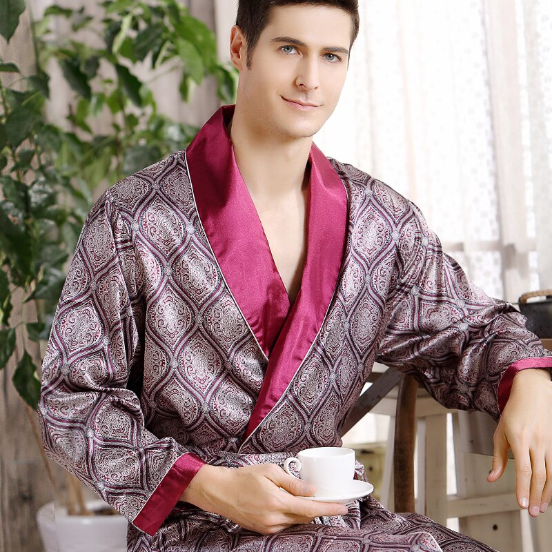 Thoshine Brand Spring Autumn Men Satin Silk Robe Turn Down Collar Pattern Print Superior Quality Male Summer Bathrobe Pijamas