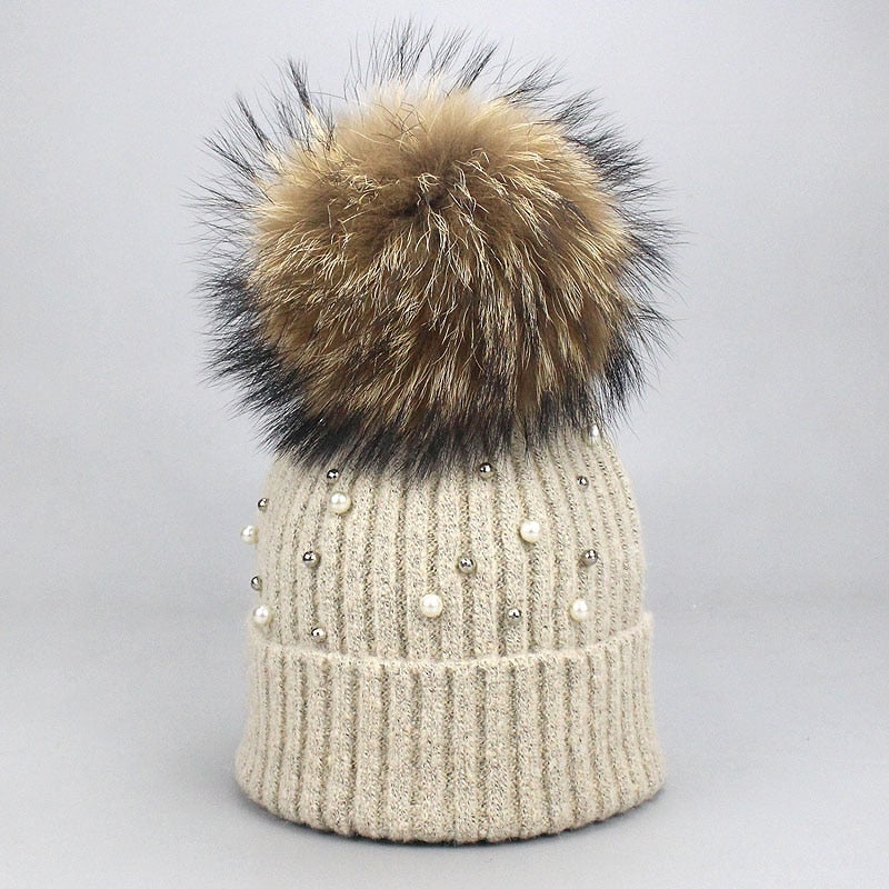 New Wool Beanies Women Real Natural Fur Pom Poms Fashion Pearl Knitted Hat Girls Female Beanie Cap Pompom Winter Hats for Women