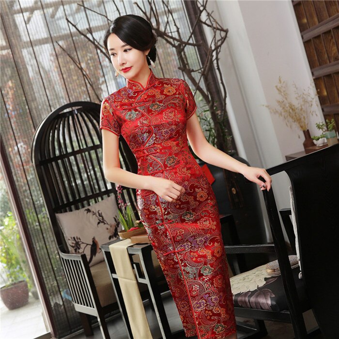 Vintage estilo chino Cheongsam rojo primavera mujeres satén largo Qipao nueva llegada vestido de fiesta Mujer Vestidos tamaño SML XL XXL XXXL