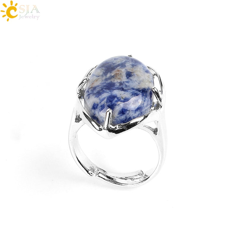 CSJA New Women Finger Rings Oval Natural Stone Cabochon Tiger Eye Opal Unakite Pink Quartz Lapis Lazuli Chakra Wedding Ring E583