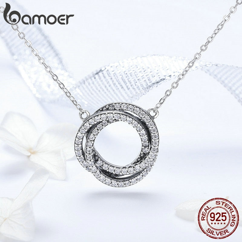 Bamoer Real 925 plata esterlina minimalismo geométrico apilado círculo colgante collares para mujeres Clear CZ joyería fina SCN259