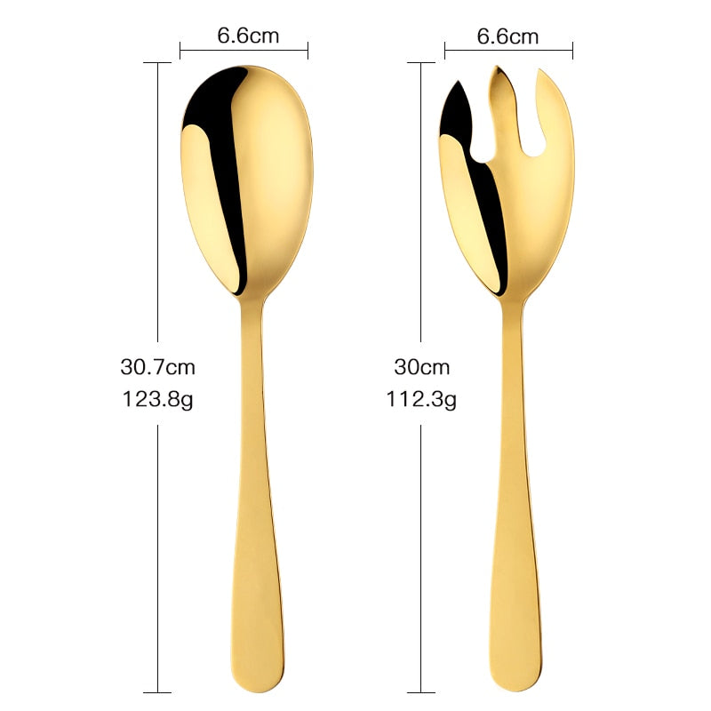 Gold Kitchen 304 Stainless Steel Spoon Set 12 Inch Large Salad Serving Spoon Fork Dinning Server Cutlery Steel Utensils