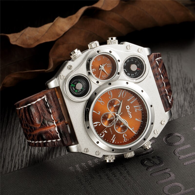 Oulm Sports Watches Super Big Style Quartz Watch Male Dual Time Zone Decorative Thermometer Compass PU Men's Wristwatch