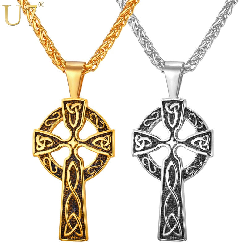 U7 Cross Irish Knot Necklace for Men Stainless Steel Triquetra Viking Triple Horn Of Odin Jewelry Necklace &amp; Pendant P754