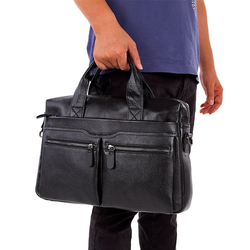 Bolsos negros de cuero genuino para hombres, bolsos grandes de cuero de 14 "para computadora portátil, bolsos de viaje para hombres de negocios, bolsos de hombro, maletín