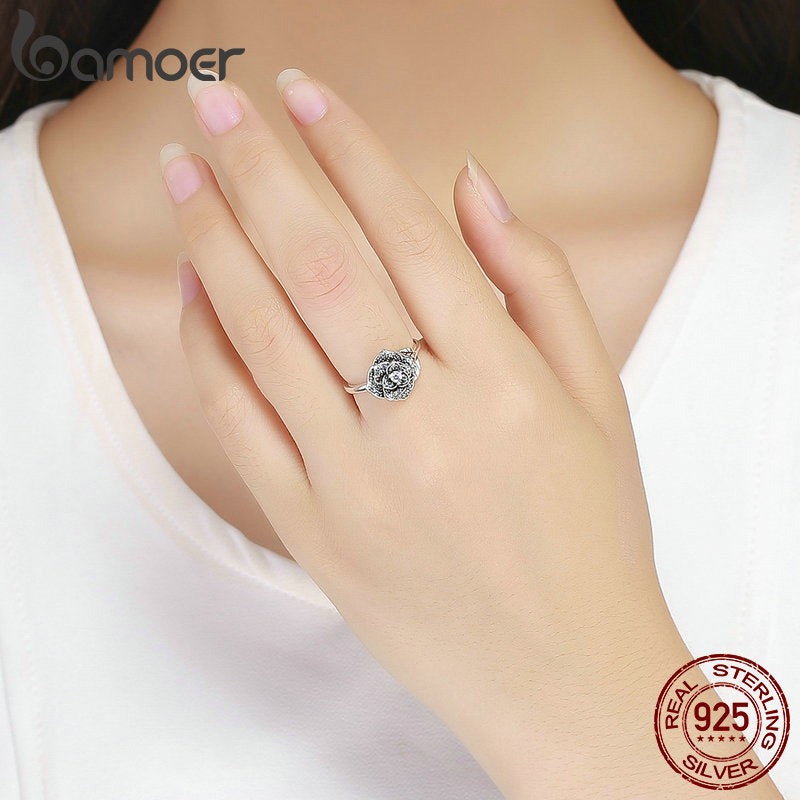 BAMOER 100% 925 Sterling Silver Rose Flower Dazzling CZ Tree Leaf Finger Rings for Women Wedding Engagement Jewelry Gift SCR382