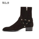 Black&amp; Street High Top Handmade Wyatt Harry Buckle Ring Strap Men Chelsea Boots Wedge Leather Denim Banquet Harness Boots